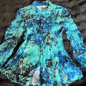 Alberto Makali Blue/Green/Brown Crinkled Button-down Long Sleeve Blouse Size M
